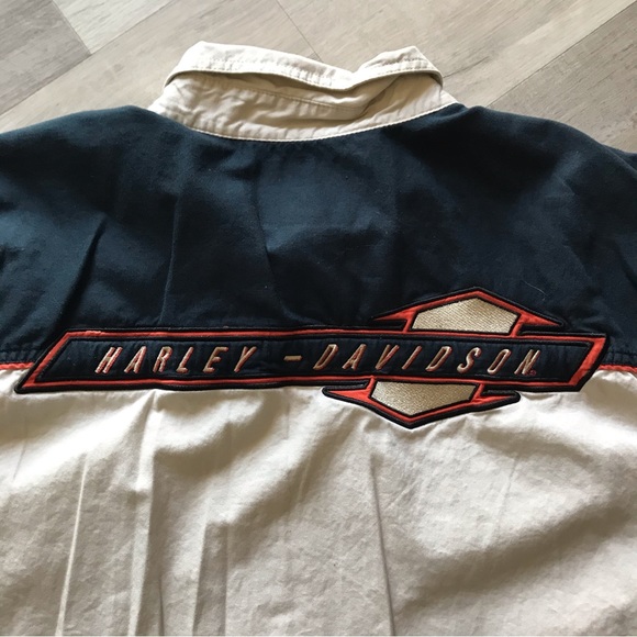 Mens Spellout Harley Davidson Mechanic Short Sleeve Button Up Navy/Tan 2XL - Picture 5 of 9